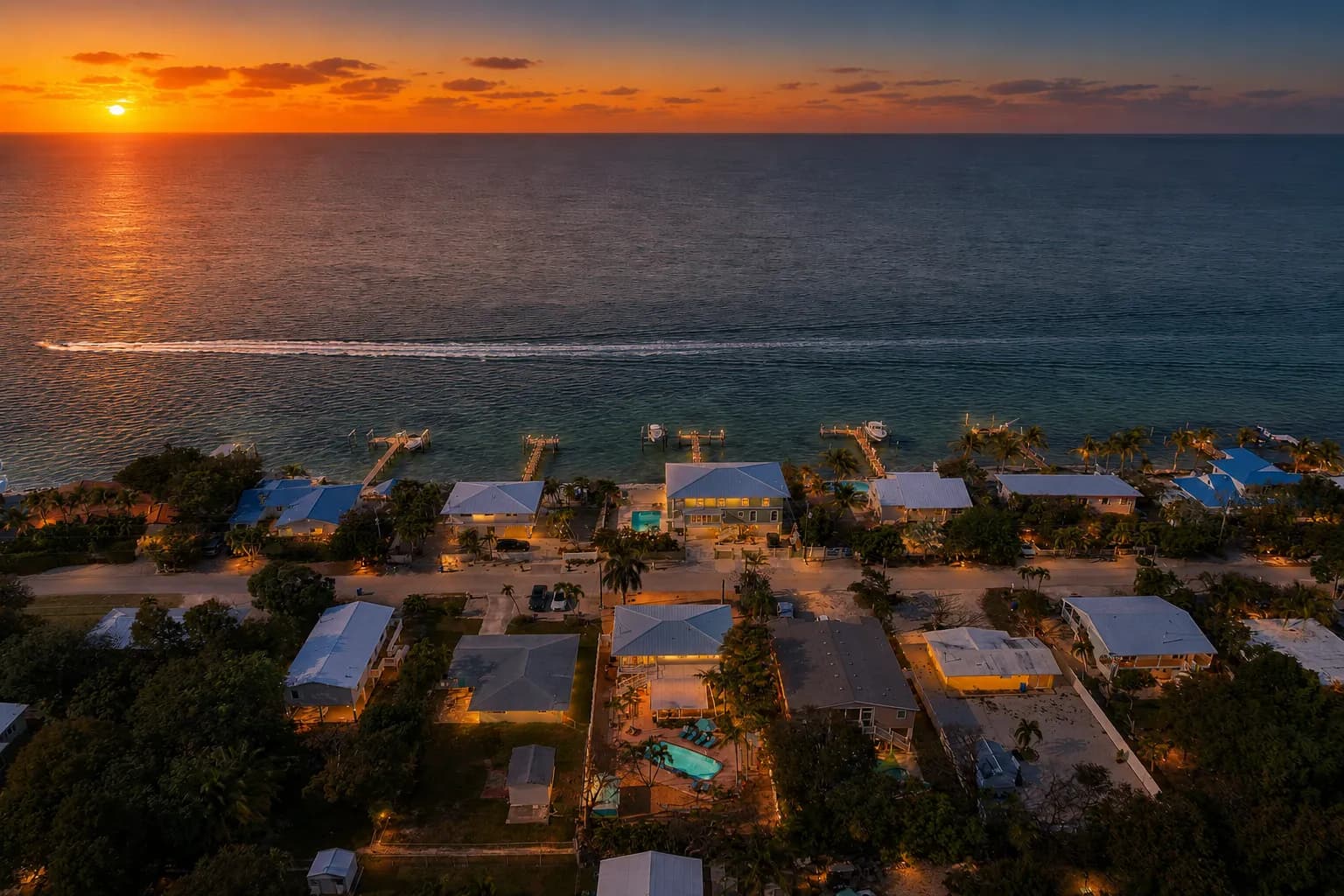 Aerial view of the Salty Bitch at sunset, on the Gulf in Marathon, Florida Keys